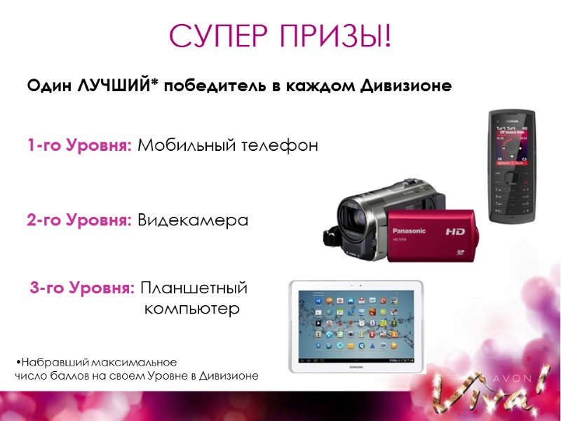 СУПЕР ПРИЗЫ!  1-го Уровня: Мобильный телефон  2-го Уровня: Видекамера  3-го Уровня: